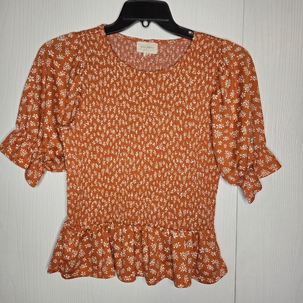 MELLODAY Rust Orange Floral Smocked Peplum Boho Puff Sleeves Blouse-Size S